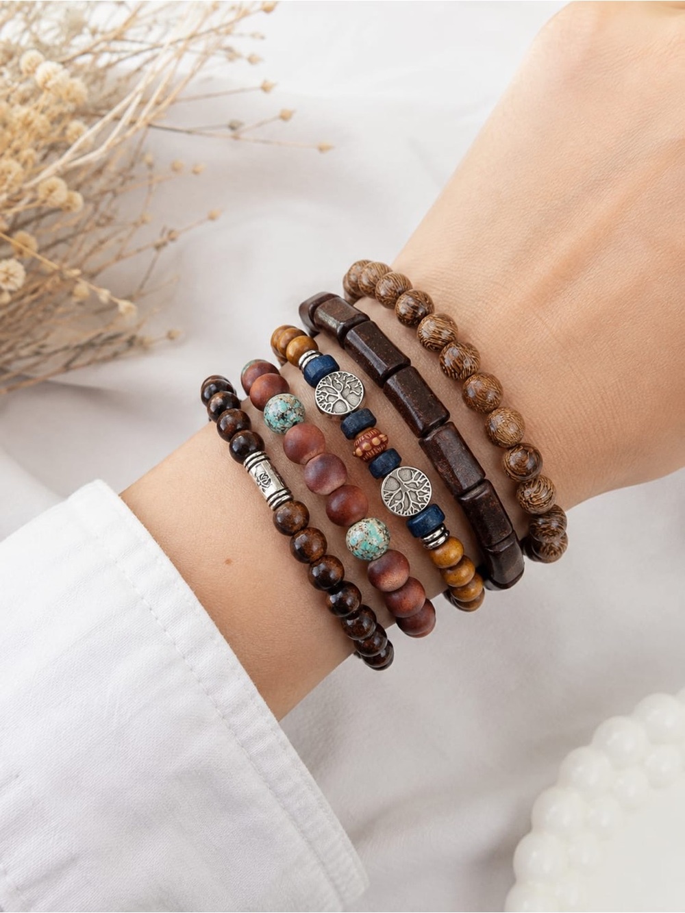 Stacked Brown Bead Bracelet Set with Turquoise Accents